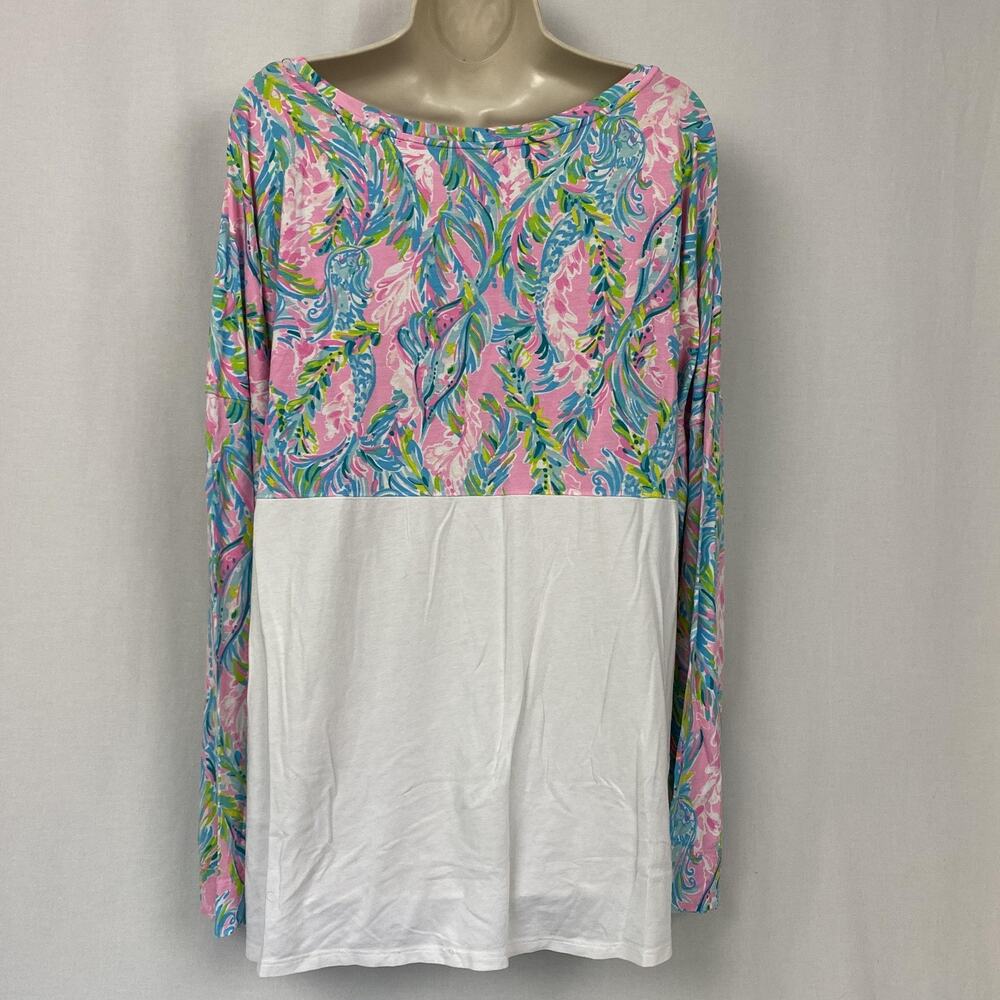 Lilly Pulitzer Finn Top Womens XXL White Pink Floral Unicorn of the Sea Long 1X - Picture 5 of 12
